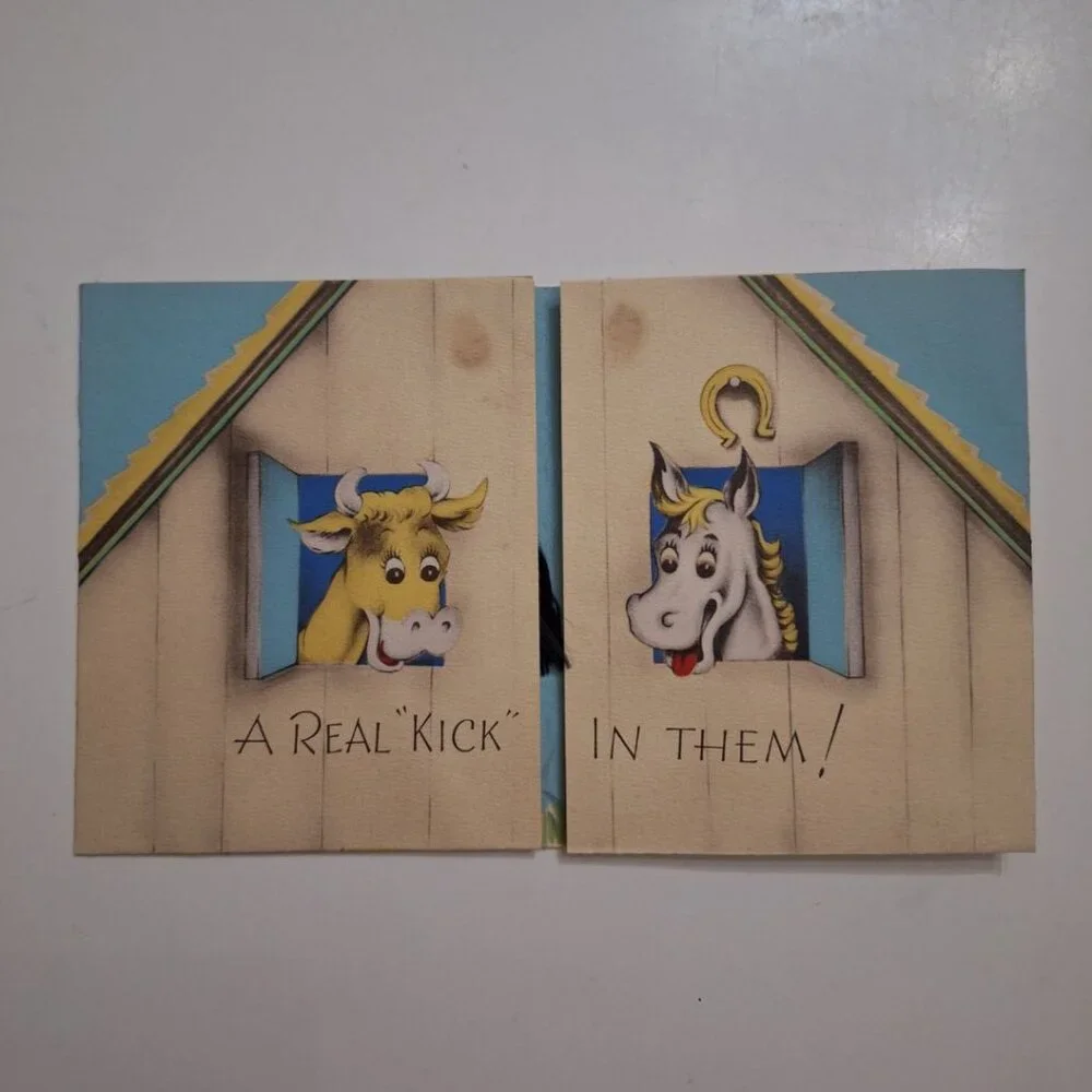Birthday Tales Pop-up Tails Kick Card Vintage 1950s‎ Cow Horse Farm Country